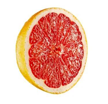 Grapefruit half on white cutout background. Stockfoto's