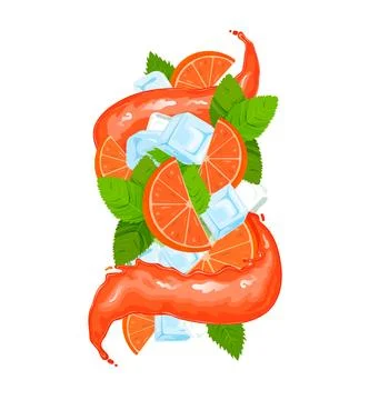 Grapefruit juicy drink splash with flat style juice wave, ice cubes, lime and 库存插图