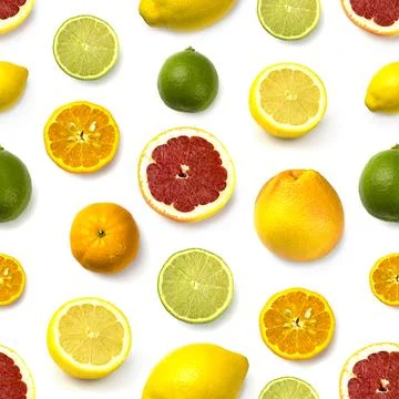Grapefruit, lime, lemon and mandarin pattern on white background Stock Photos