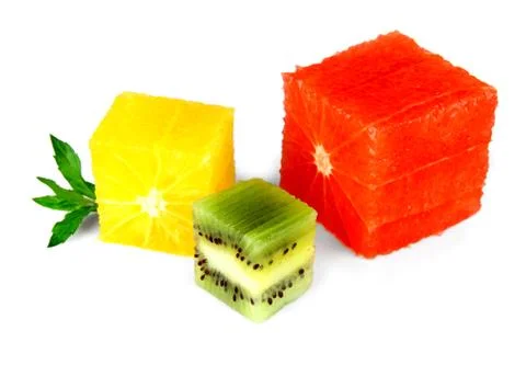 Grapefruit, oranges and kiwi cube with mint Stock Photos