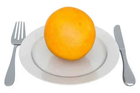 Grapefruit on plate with fork and knife, 3D rendering Stock Illustration