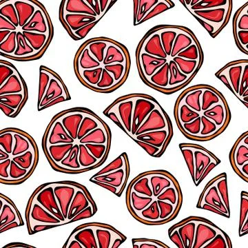 Grapefruit Seamless Slices Background. Pattern of Citrus. Doodle Style Vector Stock Illustration