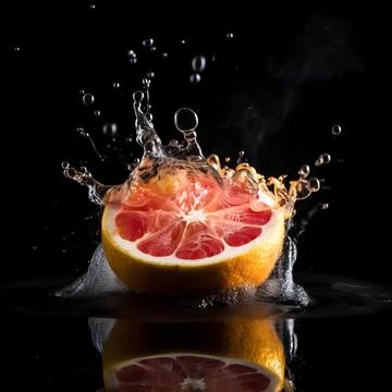 Grapefruit slice in the splash of water on isolated black background. Illustrazione stock