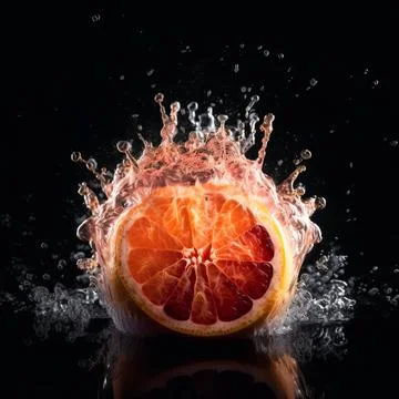 Grapefruit slice in the splash of water on isolated black background. Illustrazione stock