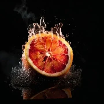 Grapefruit slice in the splash of water on isolated black background. Stock Illustration