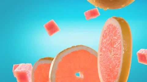 Grapefruit with Slices Falling on Ice blue Background Stock Footage 108005719