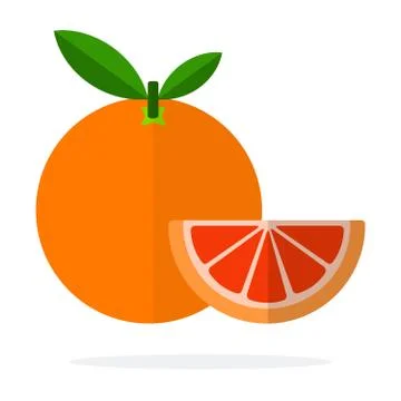 Grapefruit with stem and leaf and wedge of grapefruit flat isolated Stock Illustration