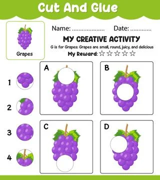 Grapes Cut and Match Vector Worksheet, Preschool Learning Activity with Nam.. Ilustración de archivo