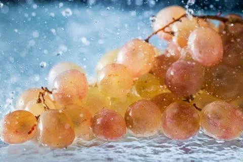 Grapes in drops and splashes of falling water Stock Photos