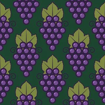 Grapes fruit flat with leaves vector background seamless pattern. Violet grape Stock Illustration