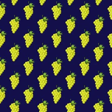Grapes fruit flat seamless pattern on blue background. Stock Illustration