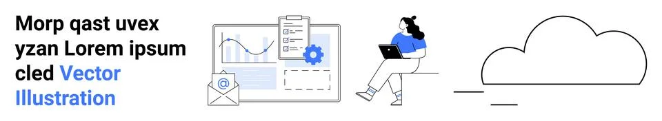 Graph analysis screen, email, document, gear icon, seated female with laptop, Stock Illustration