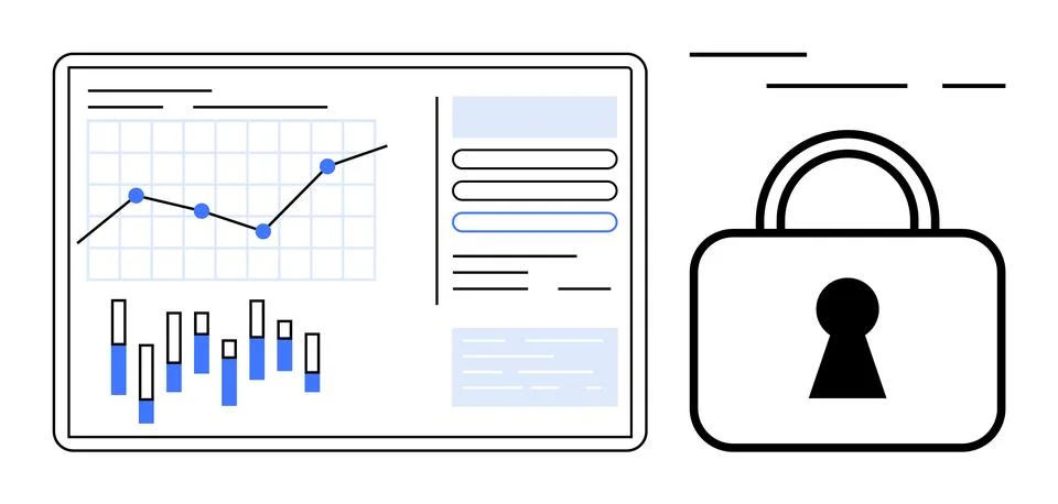 A graph and bar chart with a lock icon. Ideal for themes like data security,  스톡 일러스트