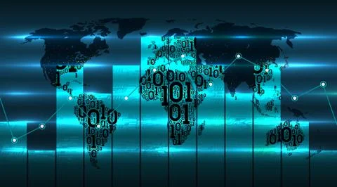 Graph and chart against the background of the binary code earth world map Stock Illustration