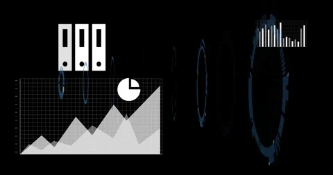 Graph and chart animation over digital data processing elements on black Stock Footage 304840917