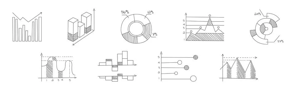 Graph and Chart Line Drawing as Infographic Element Vector Set Stock Illustration