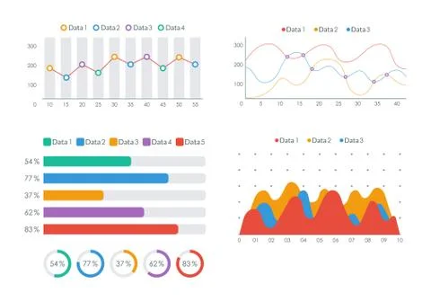 Graph and Chart templates. Financial line graphic, histogram and diagram set. Stock Illustration