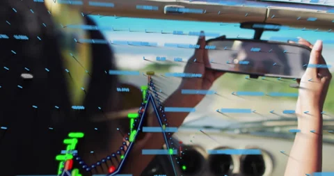 Graph and data animation over person adjusting rearview mirror in car Video stock 306285119