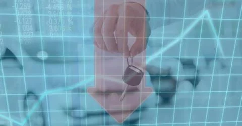 Graph and red arrow going down with hand holding key car in background Foto stock