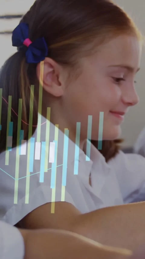 Graph animation over school children studying on tablets in classroom Stock Footage 342916102