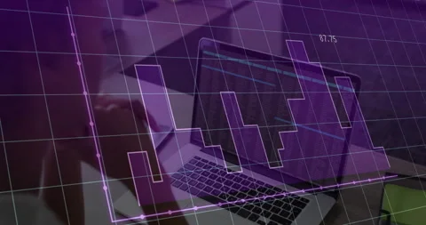 Graph animation overlaying laptop screen with coding in office setting Stock Footage 305028578