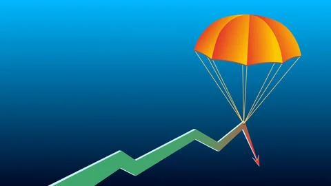Graph arrow goes down and parachute keeps arrow from falling on blue background Illustrazione stock