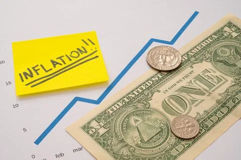 Graph with ascending line, dollars, and yellow sheet with "inflation" text. Risi Stock Photos