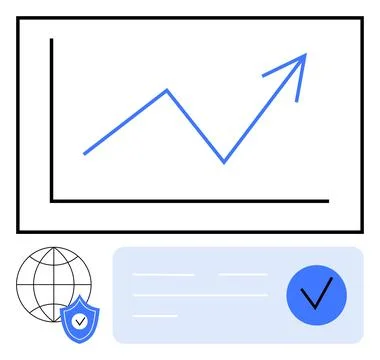 Graph with Ascending Trend Line, Globe, Security Shield, and Checkmark Elemen Stock Illustration