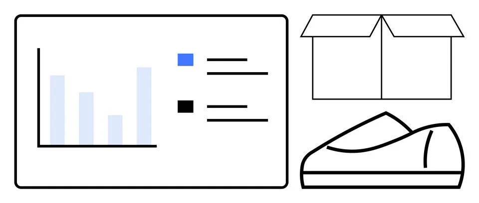 Graph with bars and color-coded data, open shipping box, and shoe icon repres Stock Illustration