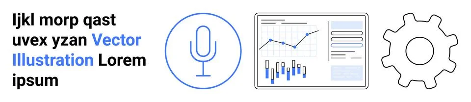 Graph bars, trend analysis, microphone icon, and cogwheel gear symbolize anal イラスト素材