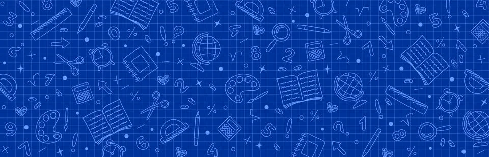 Graph blue background with hand drawn school stationery icons Illustrazione stock