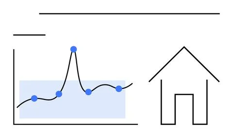 Graph with blue data points and a rising line next to a house outline. Ideal  Stock Illustration