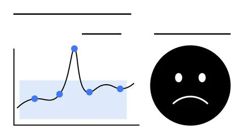 Graph with blue data points next to a sad face icon suggests performance down Illustrazione stock