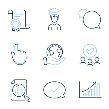 Graph chart, Analytics graph and Student icons set. Hand click, Approved message Stock Illustration