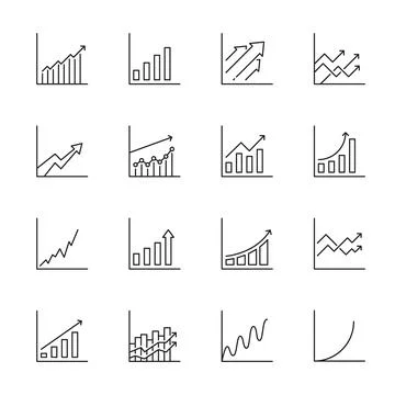 Graph, chart and bar growth icons, arrow increase Ilustración de archivo