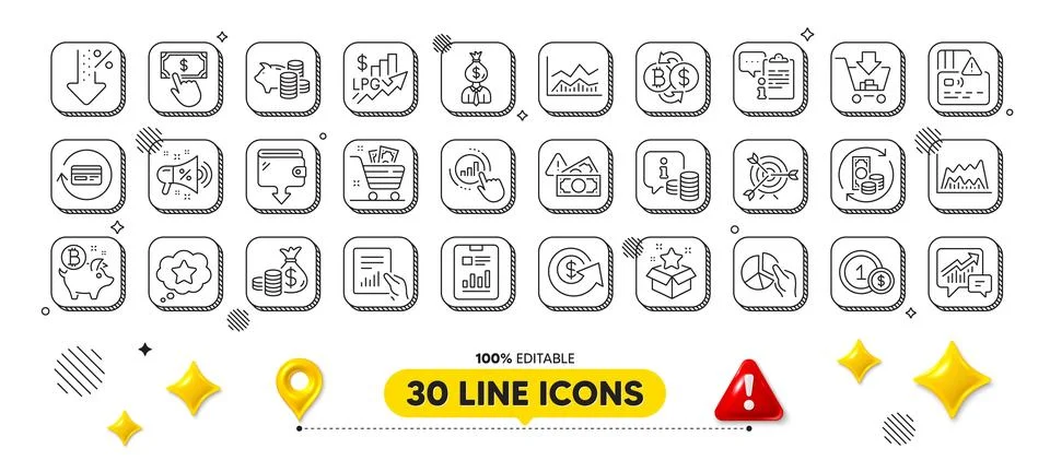 Graph chart, Payment click and Document line icons pack. For web app. 3d design Stock Illustration
