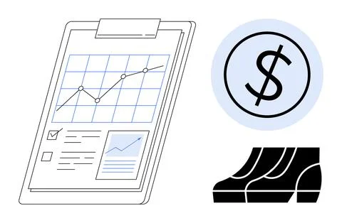 Graph on clipboard with an upward trend, dollar icon, and stack of documents. Stock Illustration