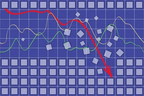 Graph with colored lines and a red down arrow Stock Illustration