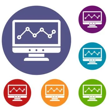Graph in computer screen icons set 스톡 일러스트