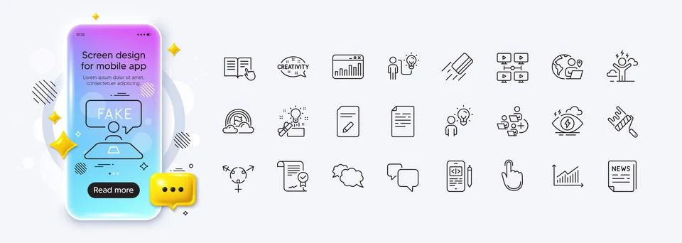 Graph, Creativity and Read instruction line icons for web app. Pictogram icon Illustrazione stock