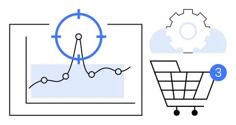 Graph with data points and target symbol, gear and cloud icon, and shopping c Stock Illustration