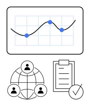 Graph with data points and trendline, global team collaboration network, chec イラスト素材