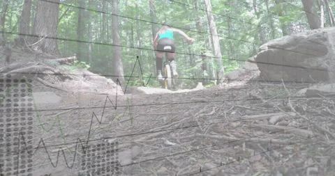 Graph with data points animation over person running on forest trail Видео 304572367