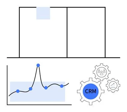 Graph with data points with blue accents gears labeled CRM and data. Ideal fo Illustrazione stock