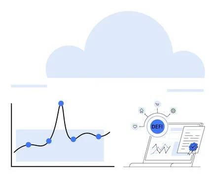 Graph with data points cloud shape laptop with DeFi symbol and icons. Ideal f イラスト素材