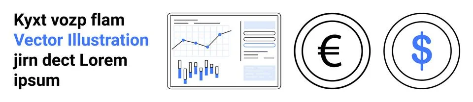 Graph with data points, Euro and Dollar currency symbols. Ideal for business  스톡 일러스트