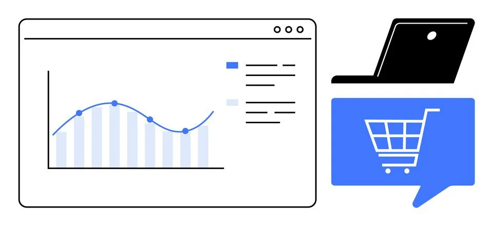 Graph with data points, laptop, and shopping cart in speech bubble. Ideal for 스톡 일러스트