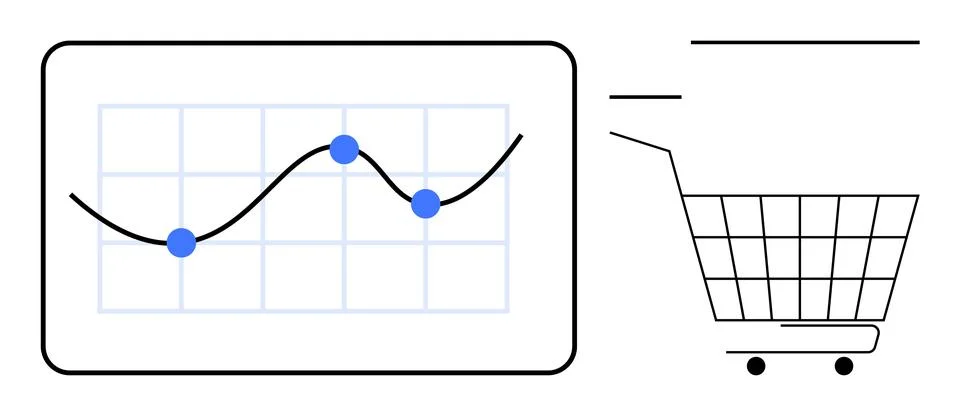 Graph with data points next to shopping cart. Ideal for business, finance, e- Stock Illustration