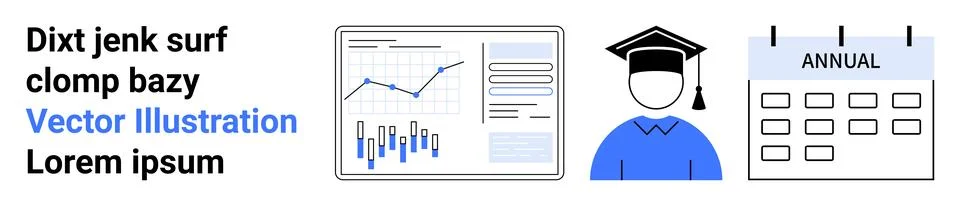 Graph with data points, person in graduation cap, annual calendar. Ideal for  Illustrazione stock