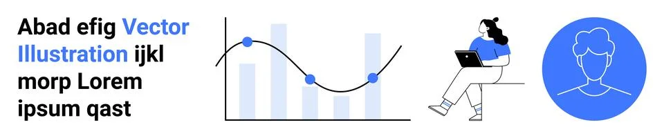 Graph with data points, person using laptop, profile avatar, and placeholder  Illustrazione stock